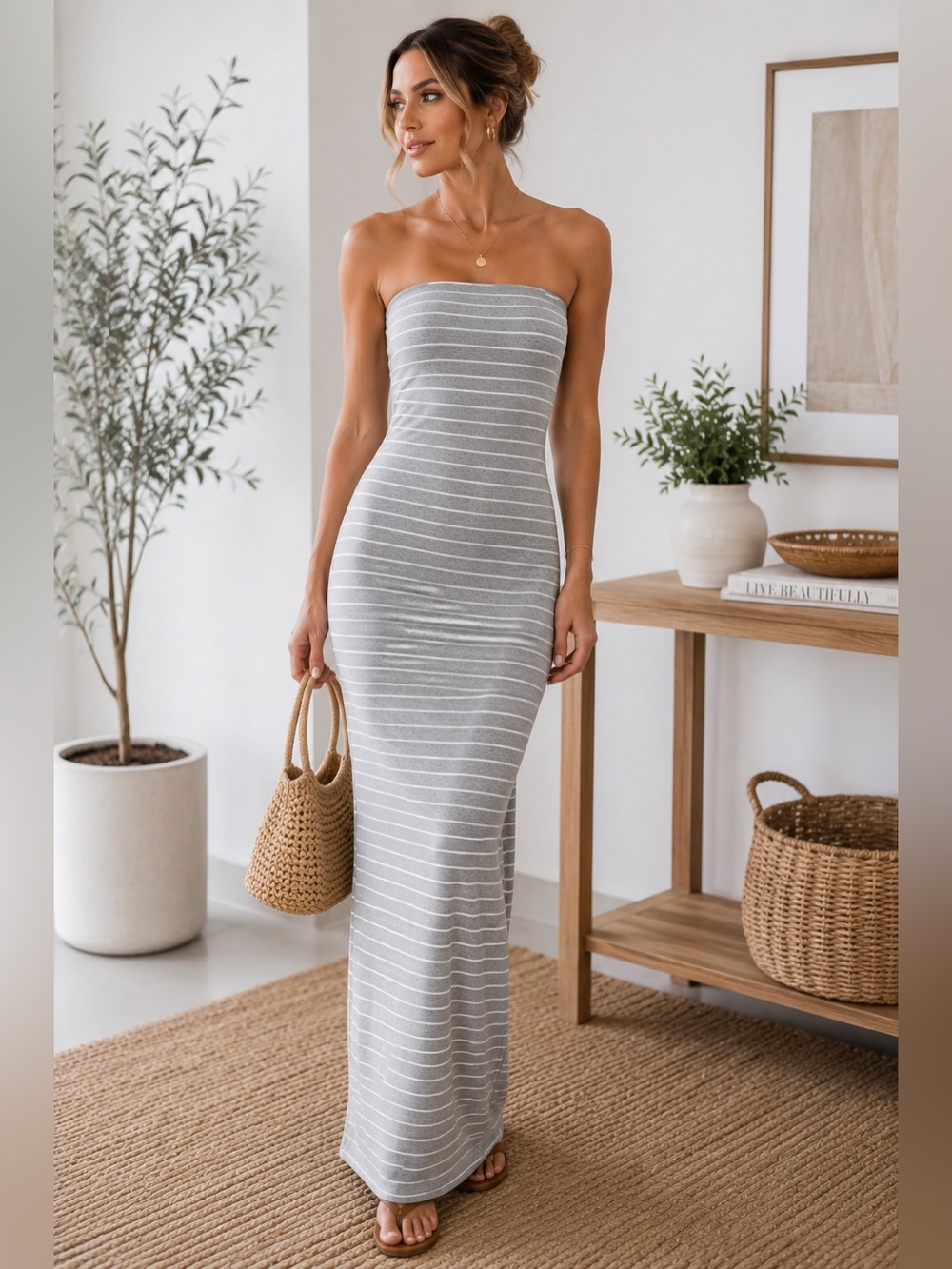 See You Monday Gray and White Striped Strapless Maxi